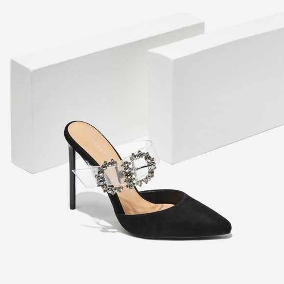 #NWT-SIZE 10 BLACK FAUX SUEDE POINTED TOE CLEAR STRAP STILETTO HEEL - Picture 8 of 8